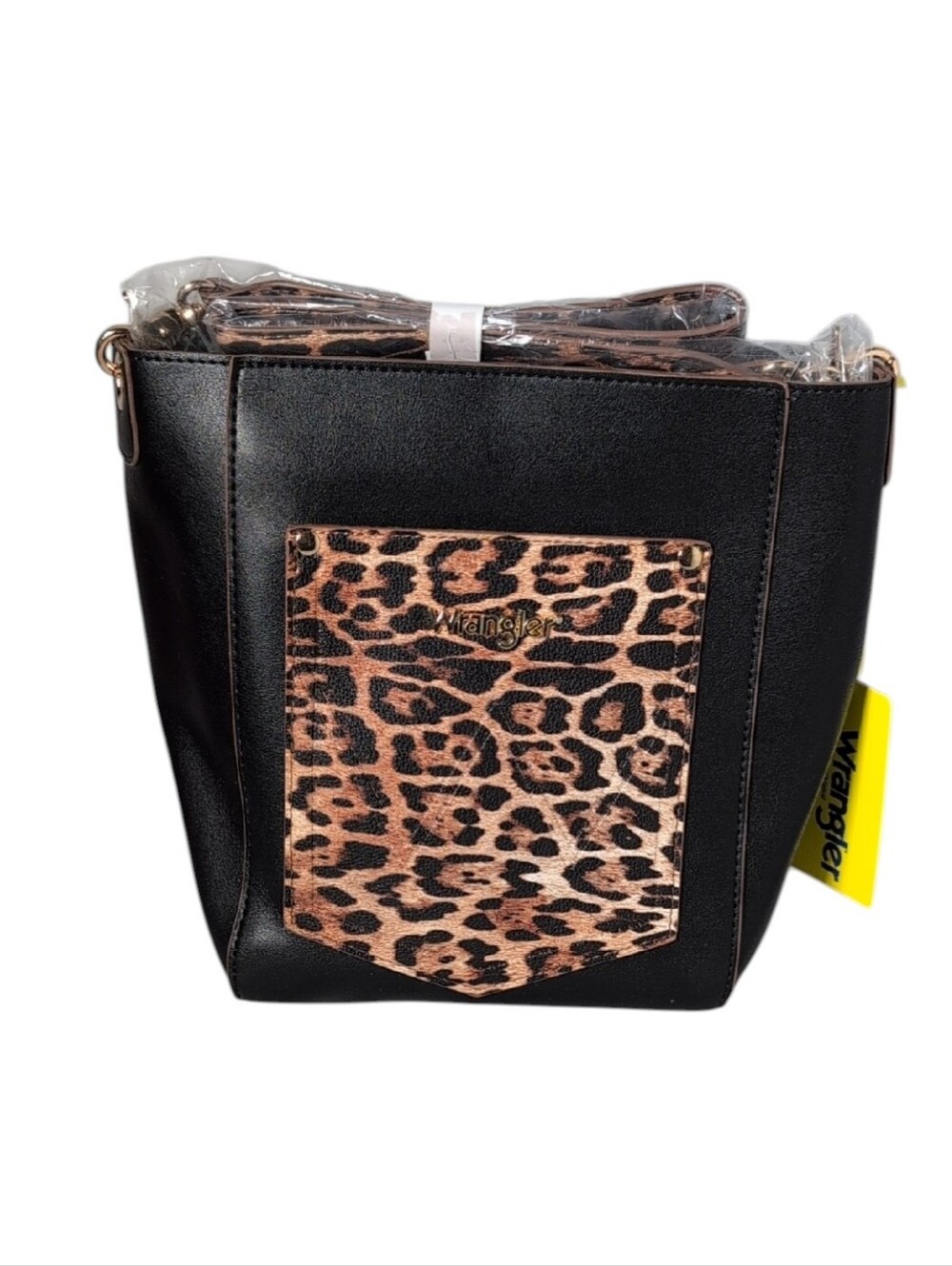 Wrangler Black/Leopard Bucket Bag Crossbody Vegan Leather